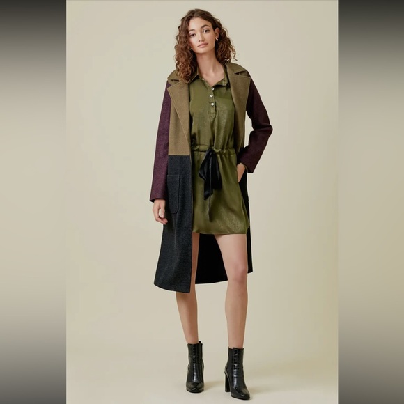 437. NEW Mystree Color Block Long Trench Coat Charcoal Olive Burgundy - Picture 7 of 7